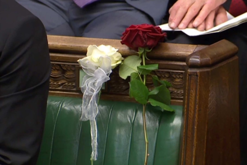 Red and white roses on the empty seat where murdered MP Jo Cox used to sit.