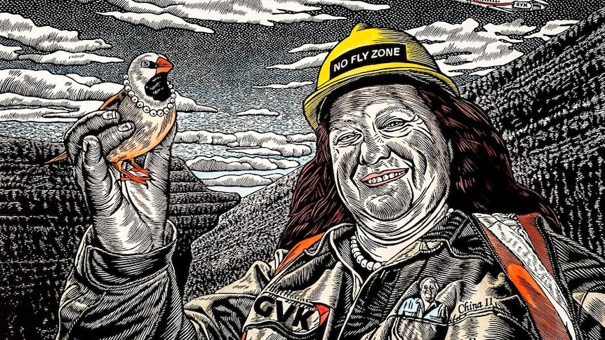 A drawing of a coal-throated finch being held by Gina Rinehart