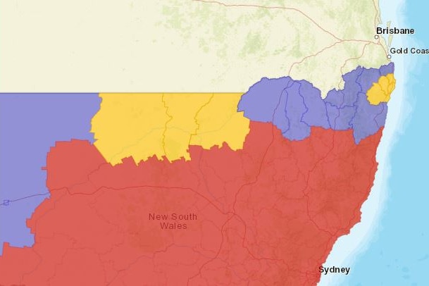 A map of Nothern New South Wales, border zone in puriple, lockdown areas in orange and hotspot in red