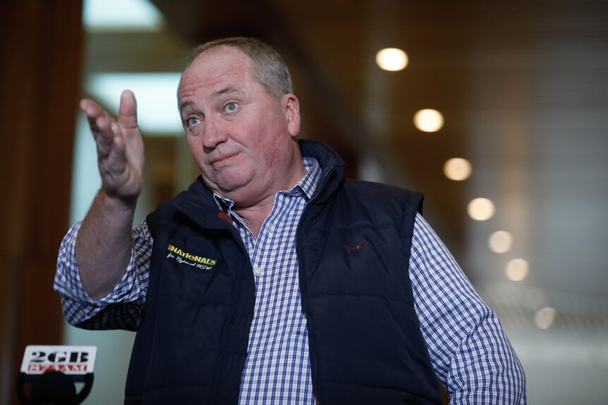 barnaby joyce points while speaking at a press conference 