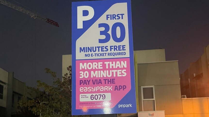 P30 parking sign photographed on a pole at night, apartment in background