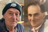 A split image of an elderly white man wearing a beanie, and a sepia image of a smiling young man with neat hair.