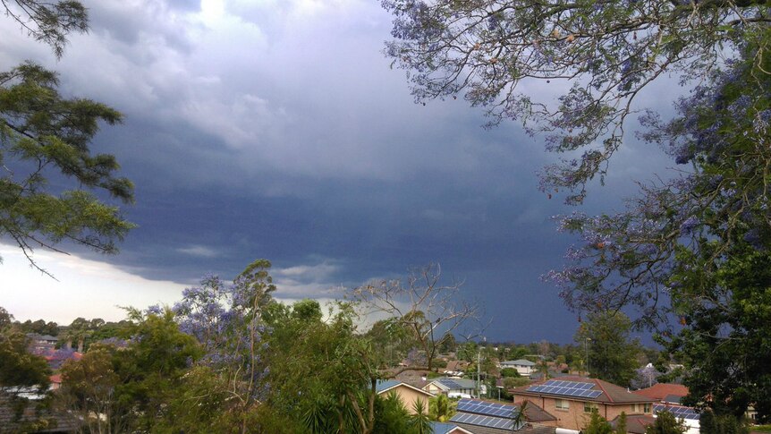 A storm brewing at the foot of the Blue Mountains looking south east.