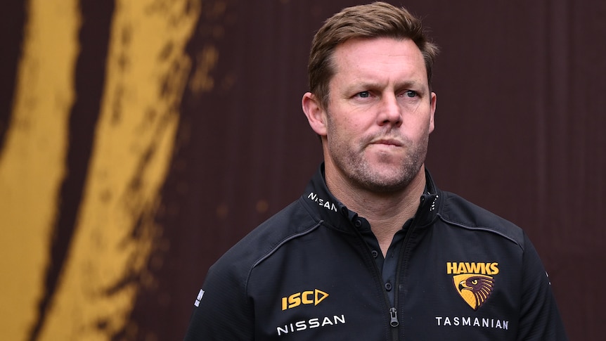 Hawks coach Sam Mitchell during the round 12 match against the Crows.