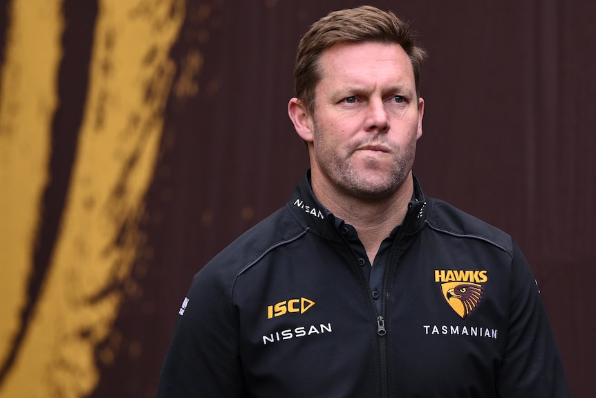 Hawks coach Sam Mitchell during the round 12 match against the Crows.