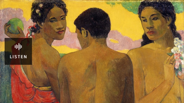 Two Polynesian women facing the artist and one man between them, facing away, one woman clothed and one topless. Has Audio.