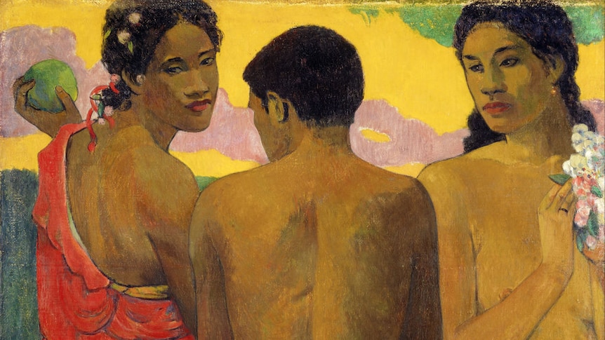Two Polynesian women facing the artist and one man between them, facing away, one woman clothed and one topless