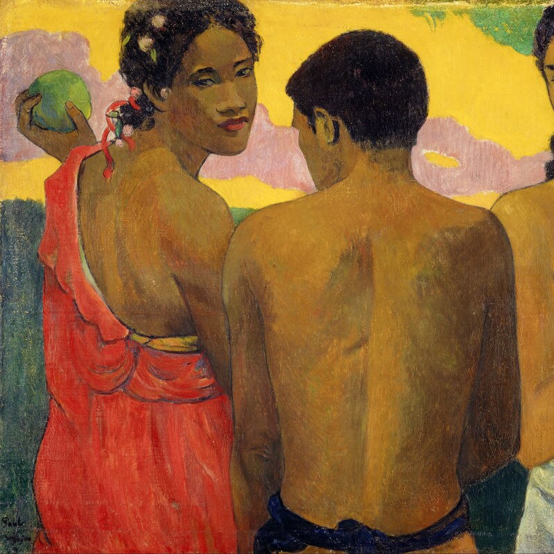 Two Polynesian women facing the artist and one man between them, facing away, one woman clothed and one topless
