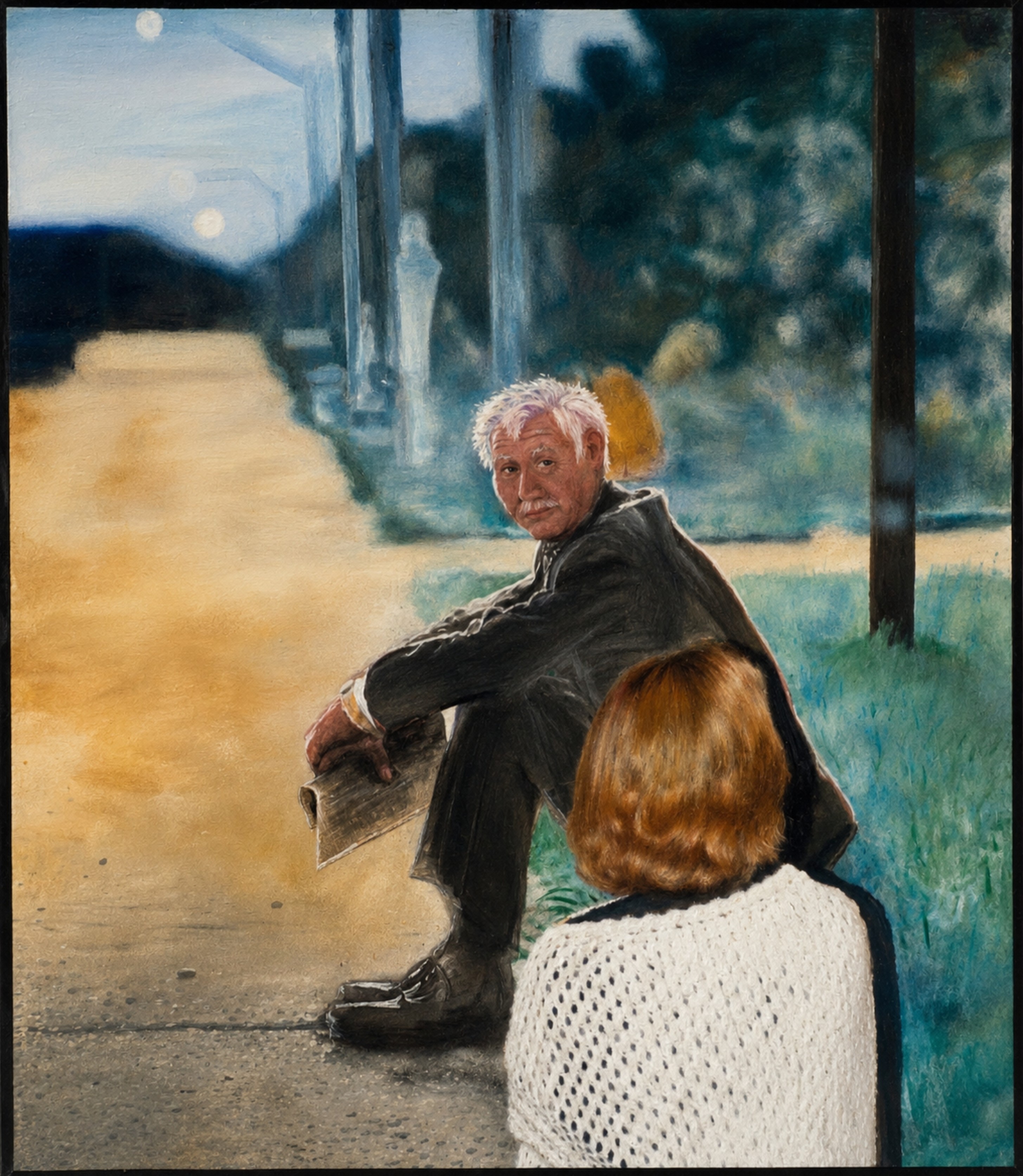 Back of womans head look at portrait of man sitting in suit on curb