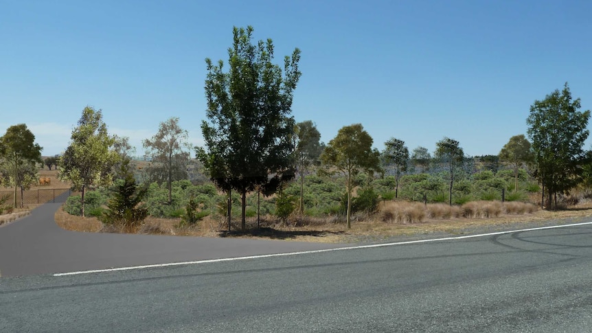 An impression by Elementus Energy showing the view and the proposed solar farm behind the trees.