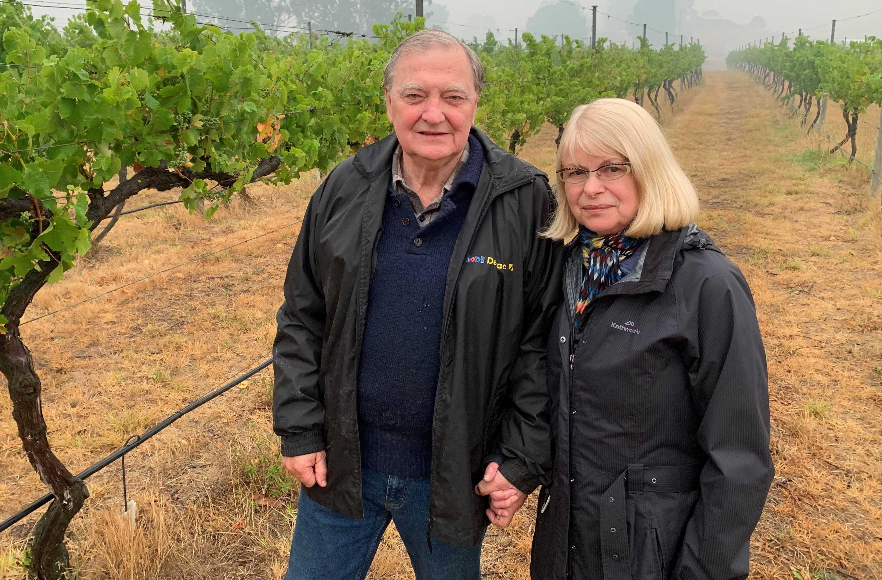 Ken and Juliet Eckersley standing in their vineyard.
