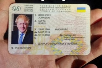 A Ukrainian driving license featuring an image of former British prime minister Boris Johnson.