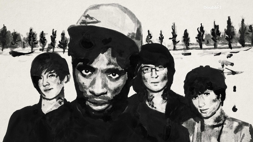 A black and white illustration of the members of British band Bloc Party
