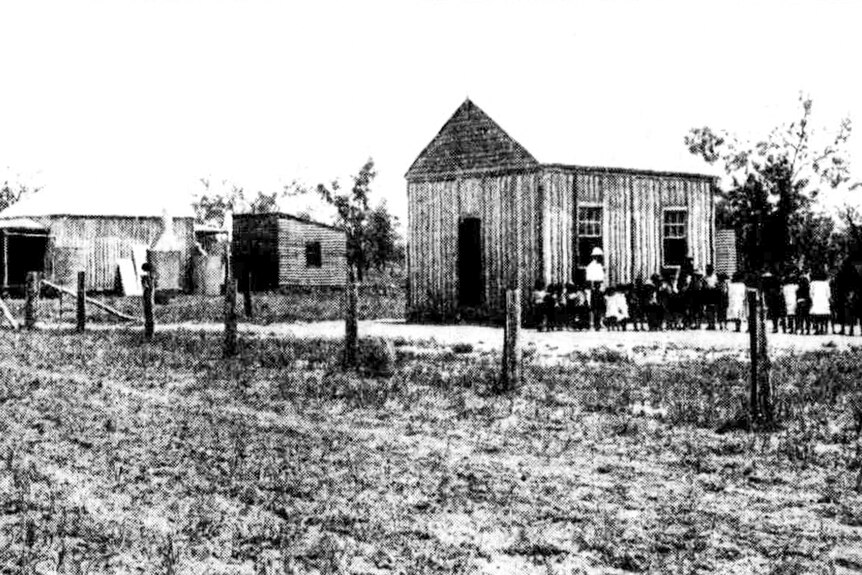 A black and white photo of the old Euraba school house.