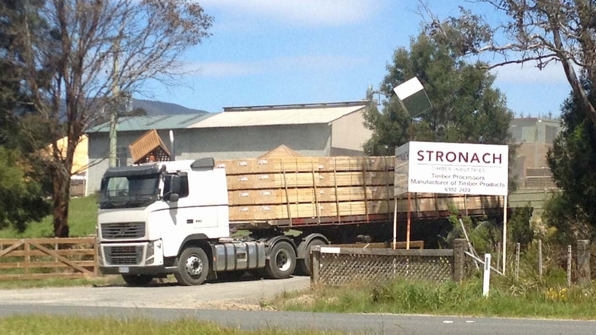 A truck leaves the Stronach timber sawmill in Scottsdale.