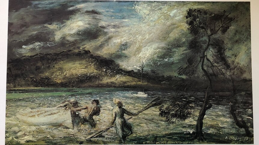 A print of a landscape painting of a storm approaching Wangi in NSW