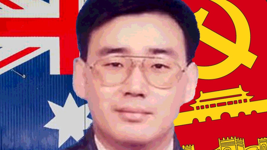 Dr Yang in military uniform with the Australian flag and Chinese MSS symbol in the background.