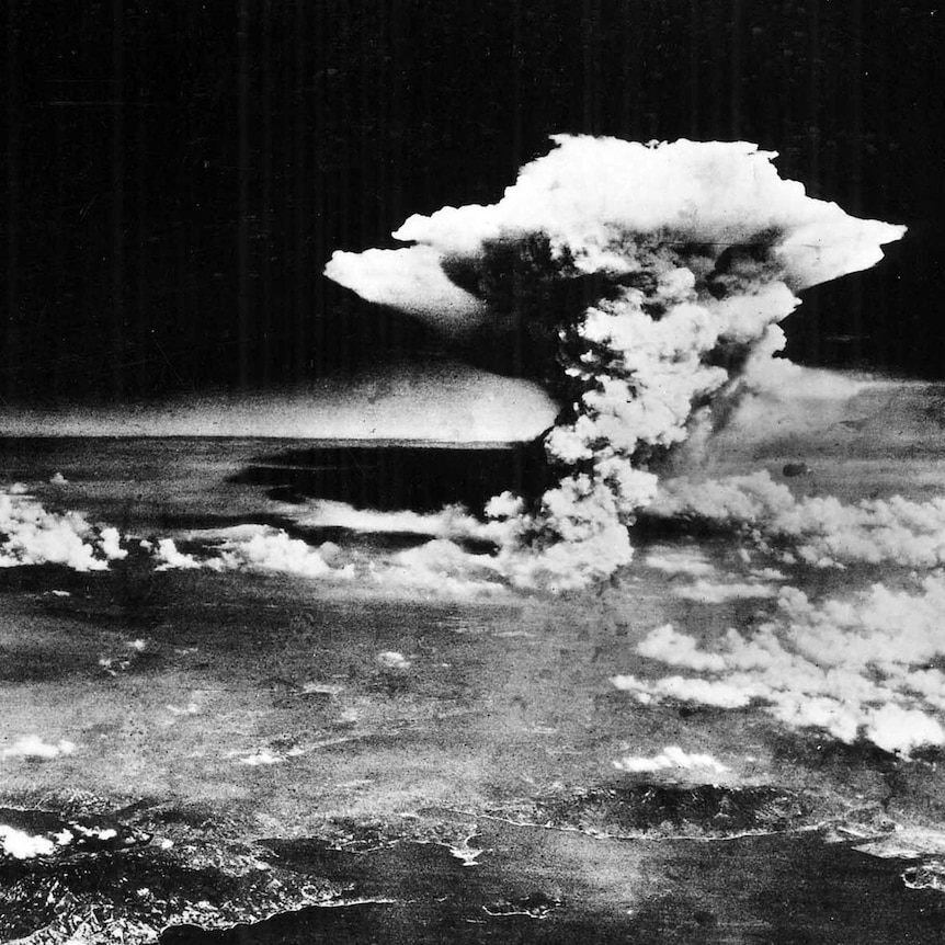 An aerial photograph of Hiroshima, Japan, shortly after the atomic bomb was dropped – showing the nuclear cloud.