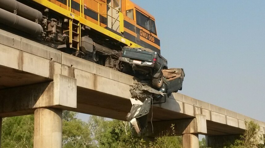 The 4WD wedged under the freight train after the collision in Katherine.