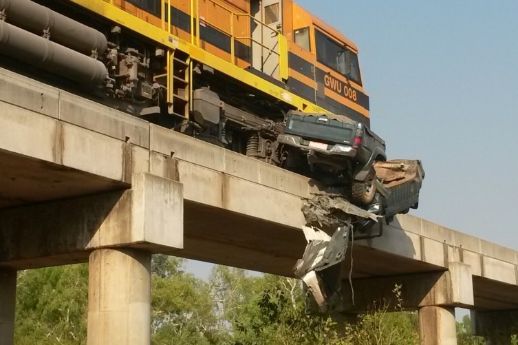 The 4WD wedged under the freight train after the collision in Katherine.