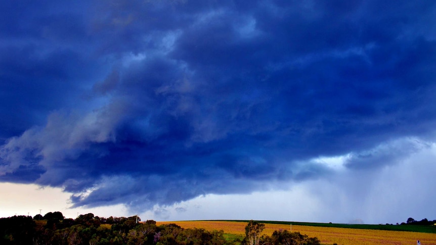 Dark storm clouds over agricultural land near Childers.