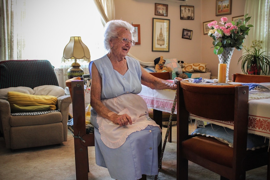 Dora Schulz, 92, sitting at her kitchen table in her house in Mount Isa in north-west Queensland on January 11, 2018.