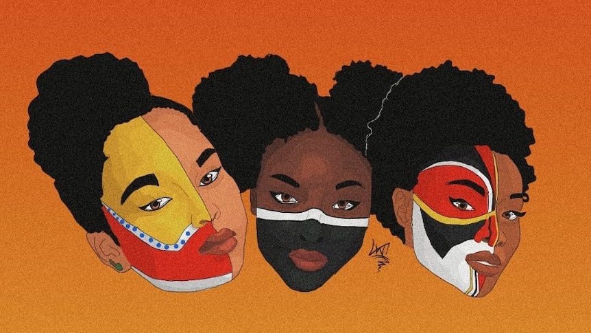 An artwork of three Melanesian women's faces with different face paint markings on an orange background. 