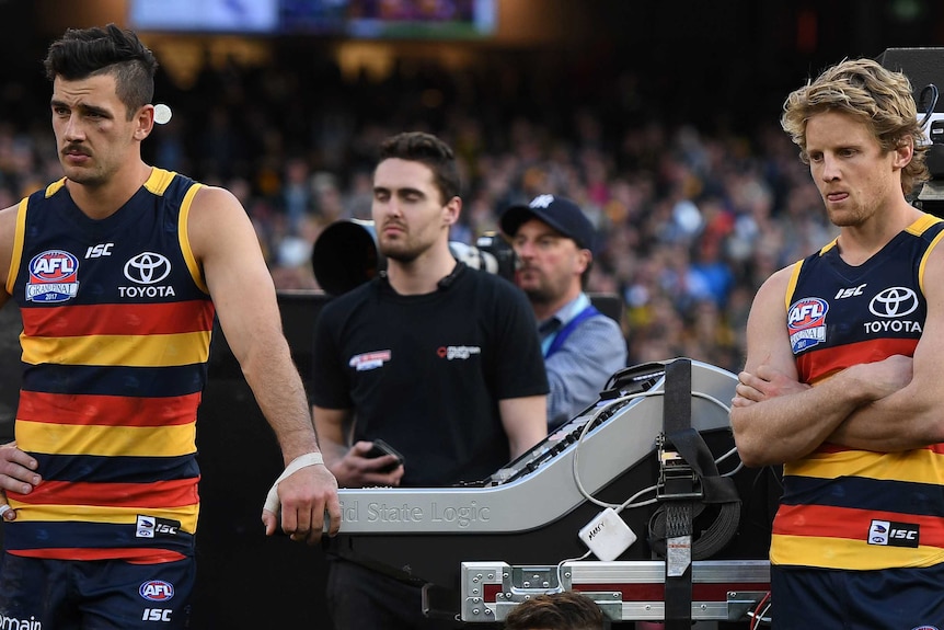 Crows players Taylor Walker and Rory Sloane look dejected.