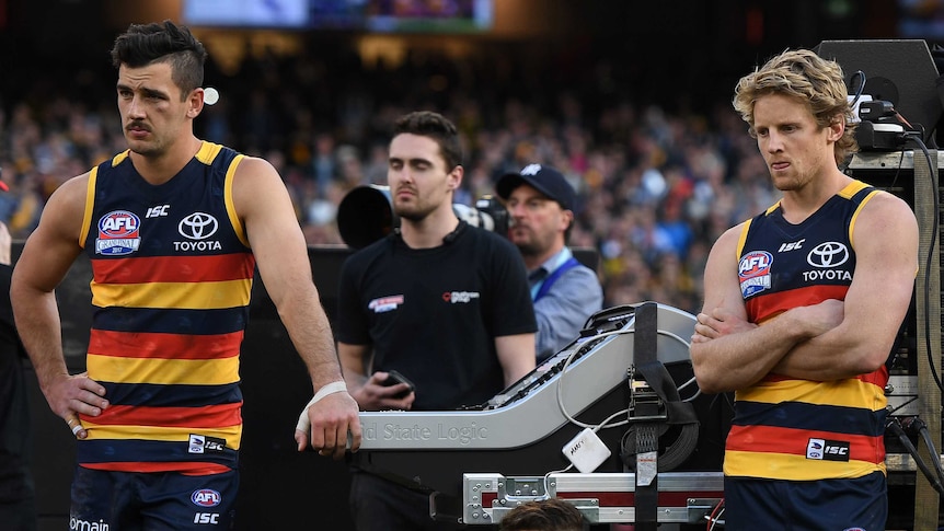 Crows players Taylor Walker and Rory Sloane look dejected.