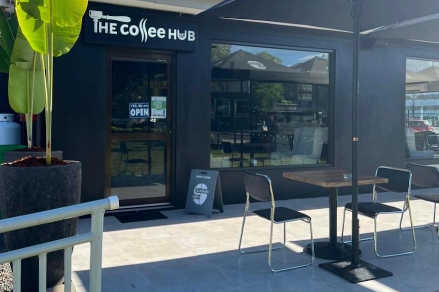 An outdoor area of an empty cafe. 