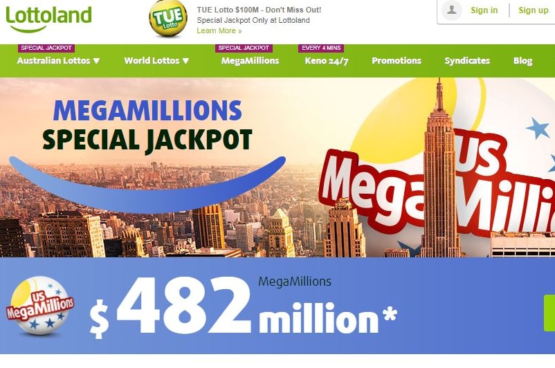 A photo of the Lottoland website showing a $482 million jackpot.