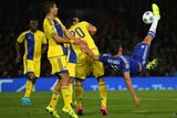 Chelsea's Diego Costa attempts an overhead kick against Maccabi Tel Aviv in the Champions League.