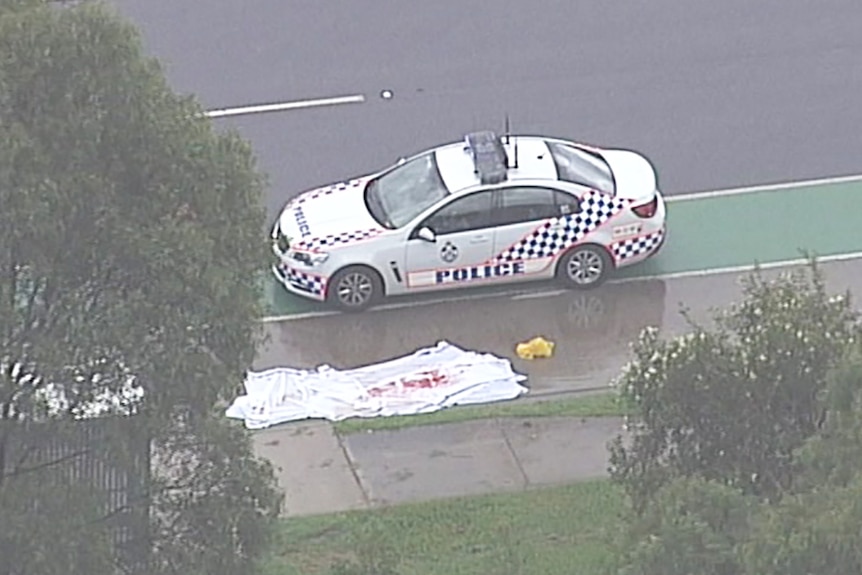 A police car alongside what appears to be blood on the road