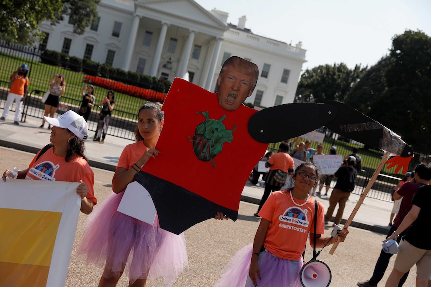 A child holds a cut out of Donald Trump in a protest outside the white house.