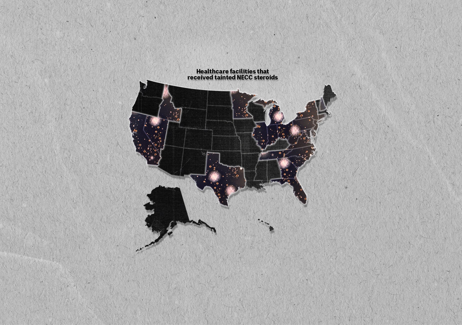 Bacteria image overlaid on various US states on black vector US map on grey paper background.
