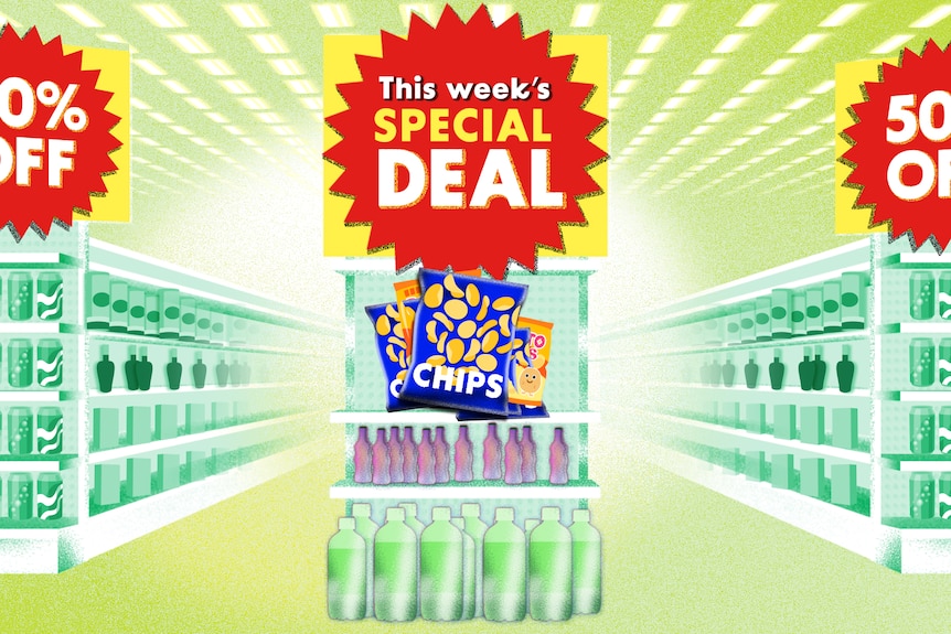 Illustration of a specials sign and end cap shelf in colourful supermarket setting.