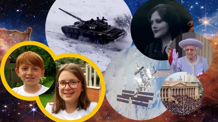 Collage of images of major news stories covered over the year including Ukraine, The Queen, ISS and more.