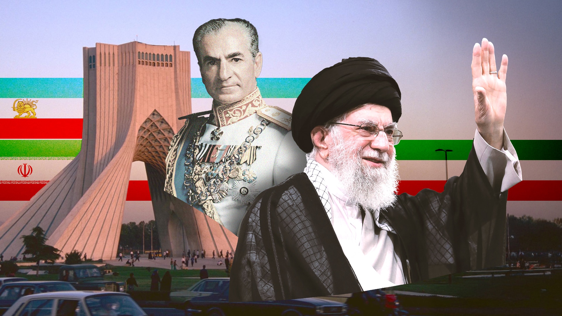 Iran Supreme Leader Ali Khamenei, Mohammad Reza Shah and the Azadi Tower in background along with old and new Iranian flags.