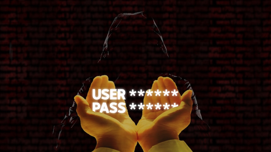A graphic showing a blacked out hooded person with hands in front and a username and password. 