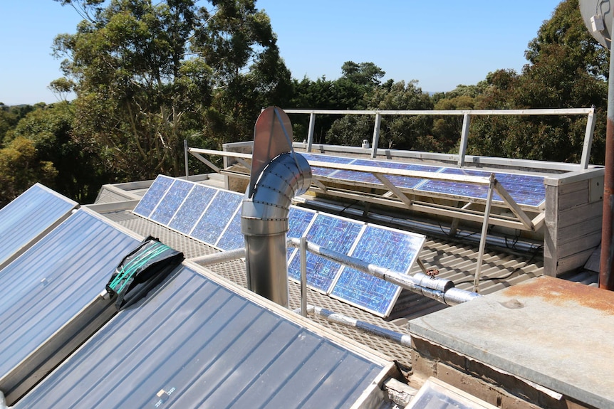 Solar panels on the roof of Michael and Judy Bos's house.