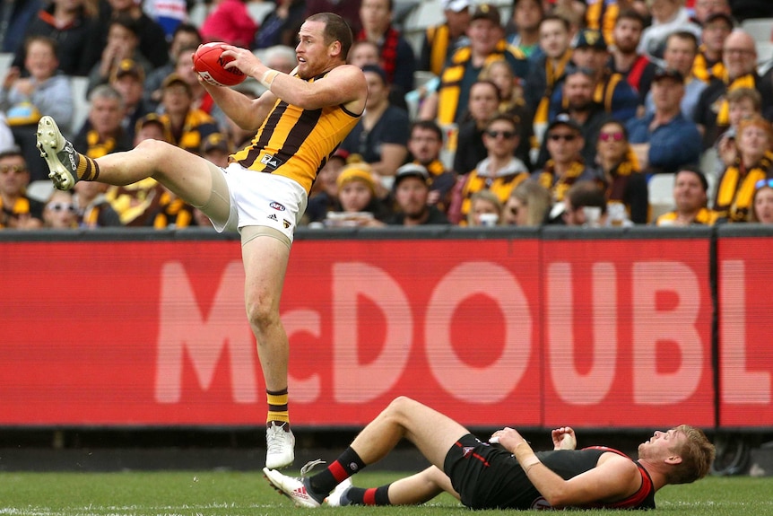 Jarryd Roughead takes a two-handed mark in the air, as Michael Hurley lies on the ground.