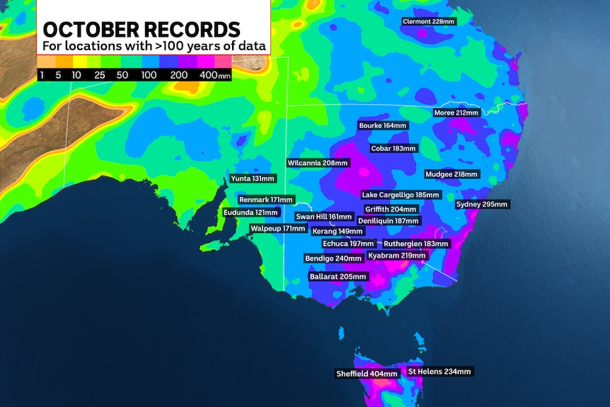 A screenshot from a TV story showing a coloured map of Australia with rainfall data.