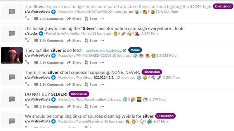 Screenshot of Reddit posts on silver.