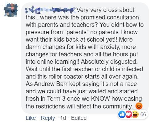 A comment from an angry parent on ACT Education Minister Yvette Berry's Facebook page.