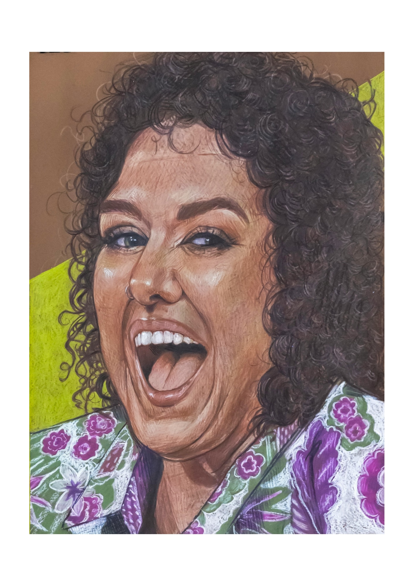 Colourful pencil drawing of Casey Donovan with her mouth open in a big smile, in a colourful top