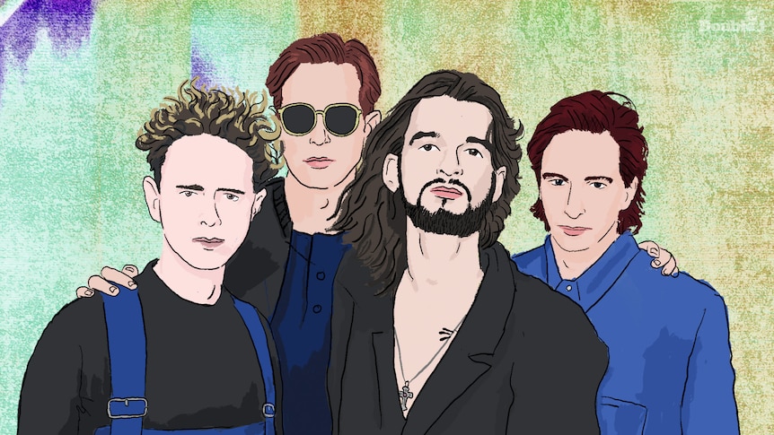 A digital drawing of the band. They are wearing blue and black clothing, one is wearing sunglasses, they all have  great hair.