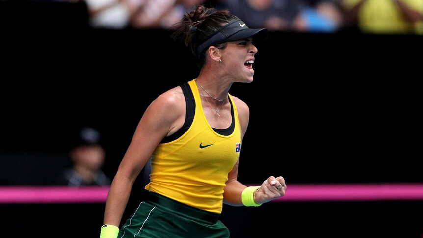 A tennis player punches the air after winning a game.