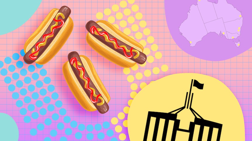 Democracy sausage hot dogs and an outlined view of Parliament House are seen in a stylised image