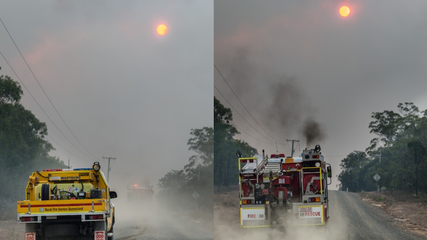 A composite image of a fire truck and an emergency services ute driving through smoke that is obscuring the sun in Deepwater.