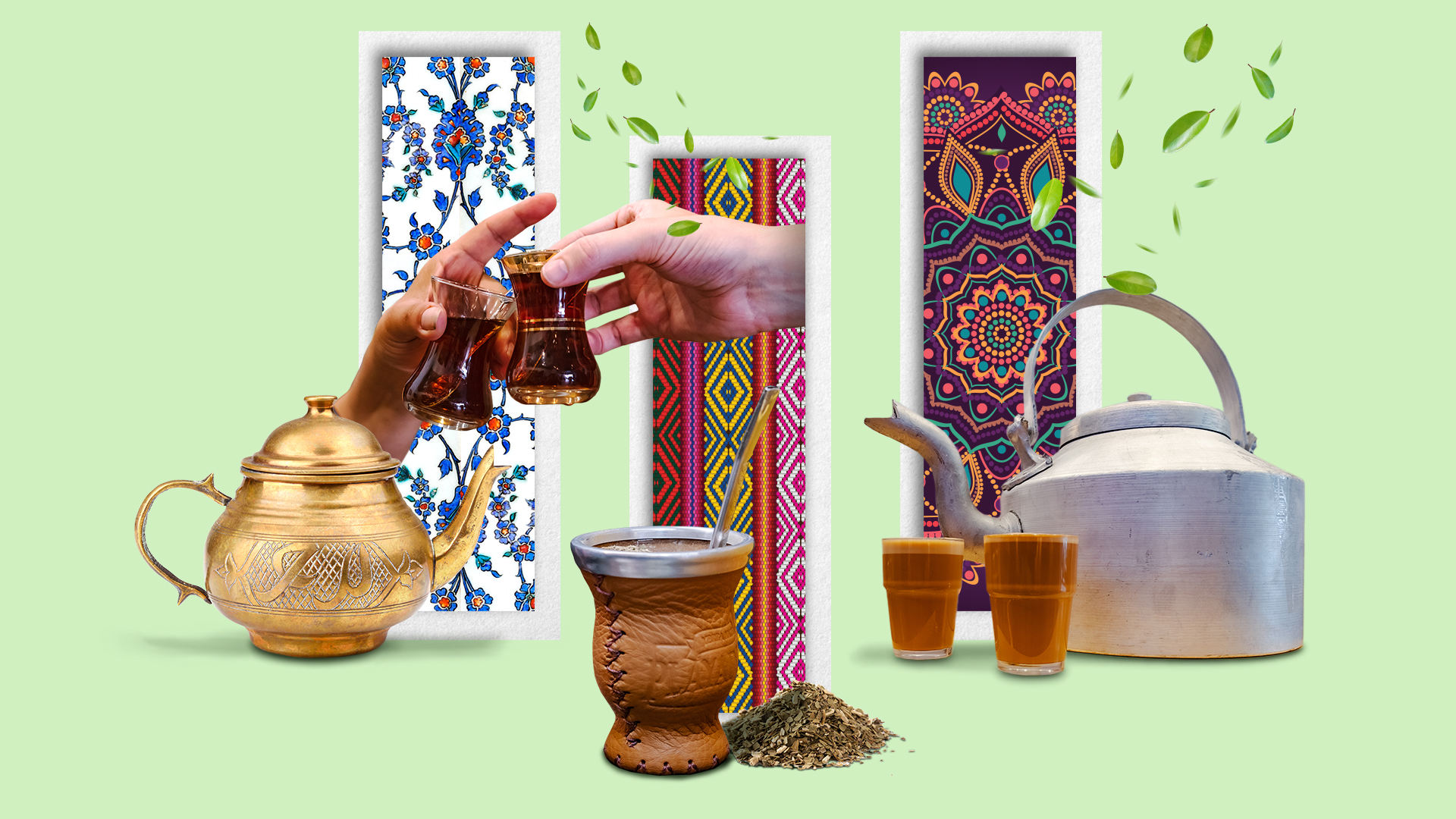 An image showing different types of tea preparations: Turkish tea, Yerba Mate and Chai.